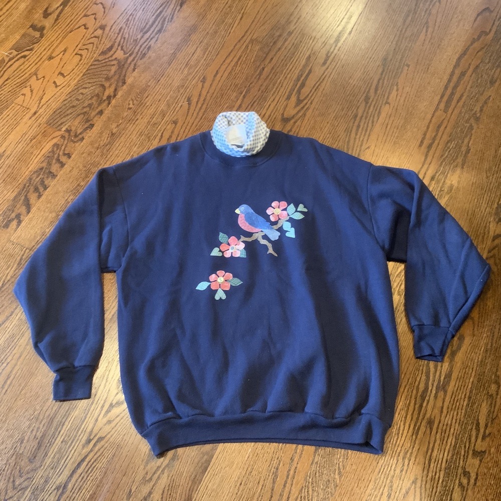 VTG 80s 90s Turtleneck Sweatshirt Navy Bird Flower Appliqué‎ XL Cottage Core